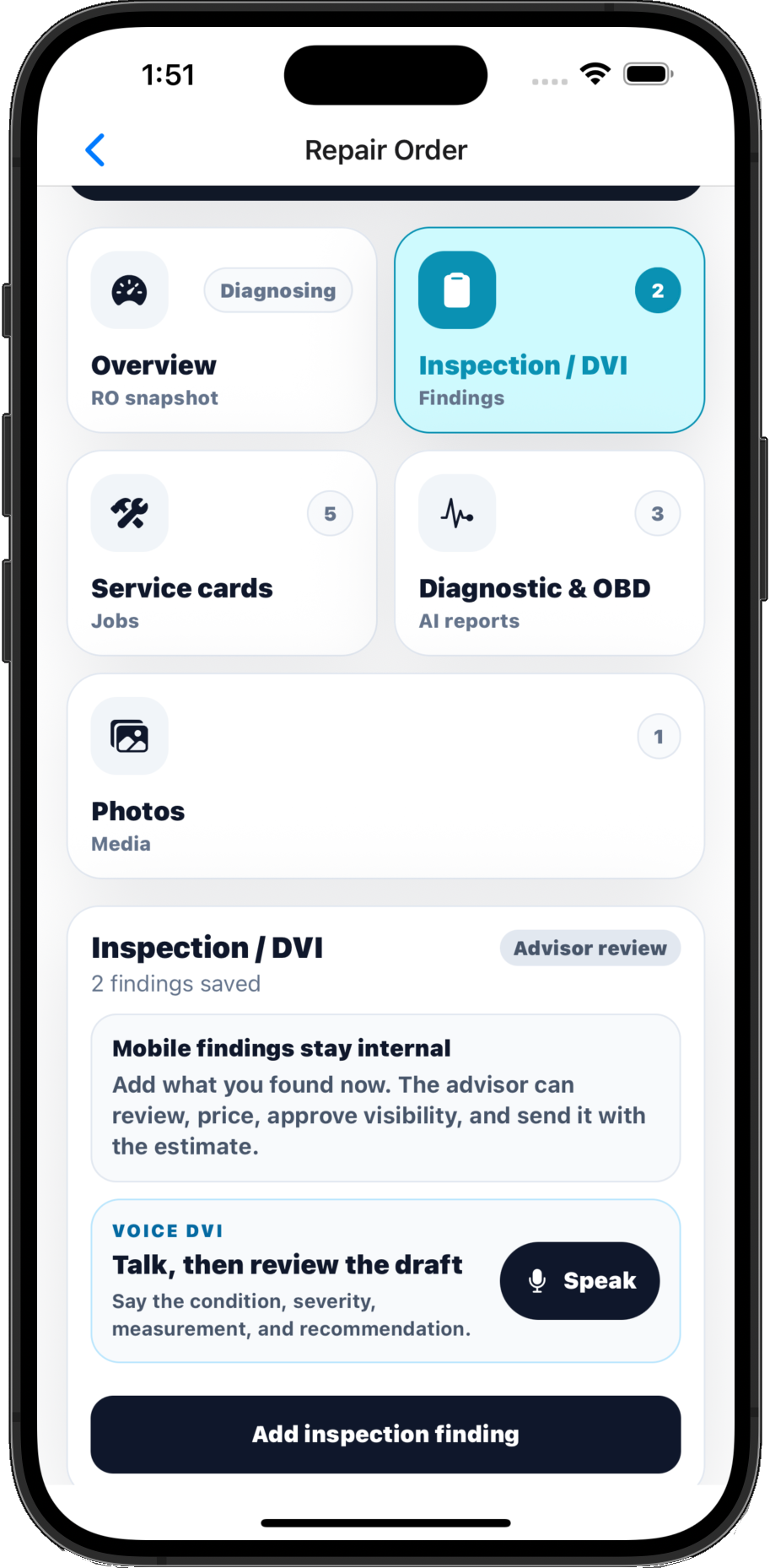 QuickMec mobile repair order screen with DVI and voice inspection tools