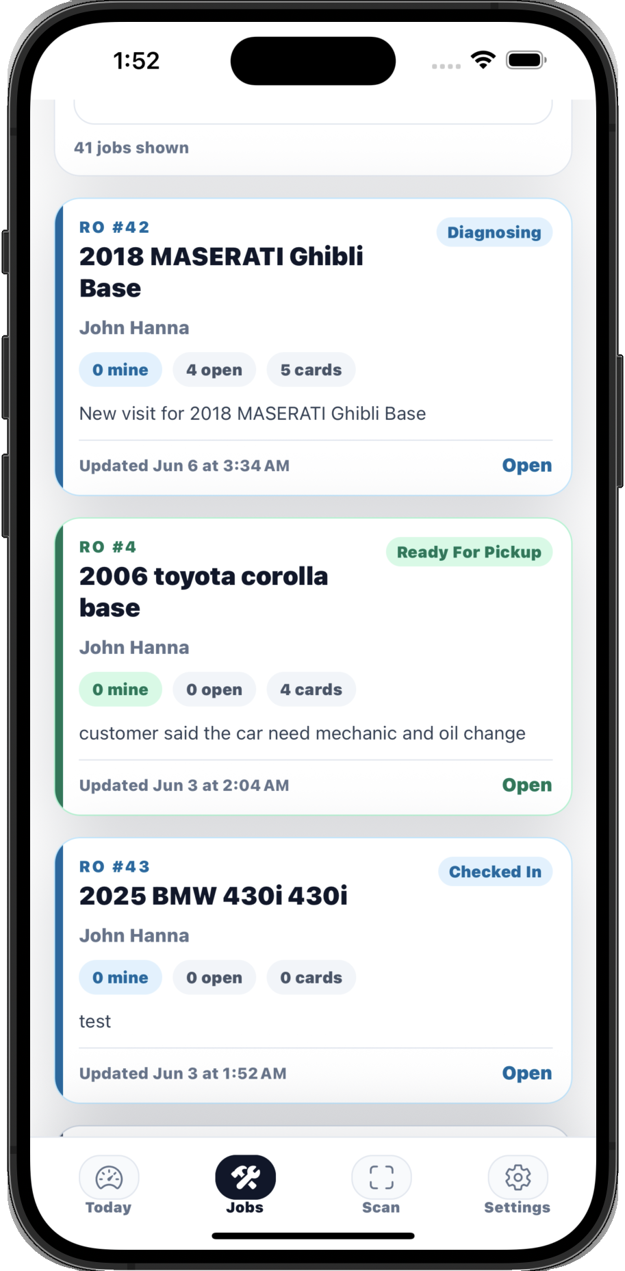 QuickMec mobile jobs list with repair order status cards