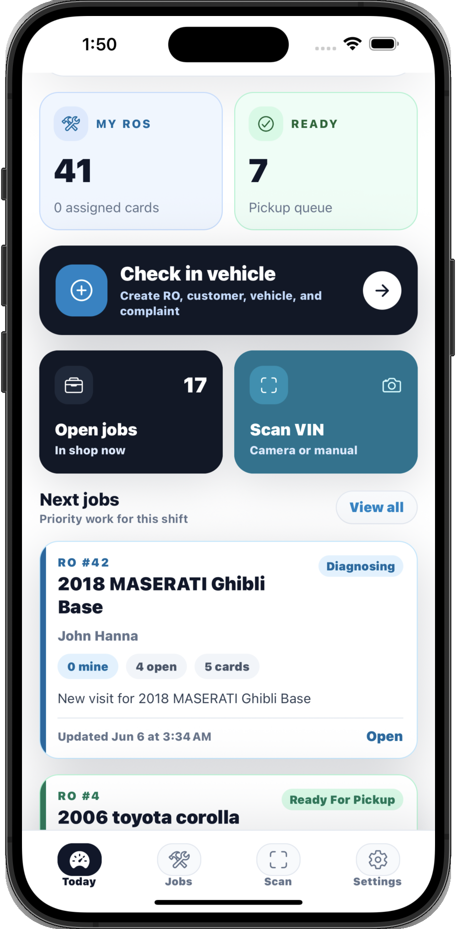 QuickMec mobile dashboard with repair orders, check-in, scan VIN, and job queue