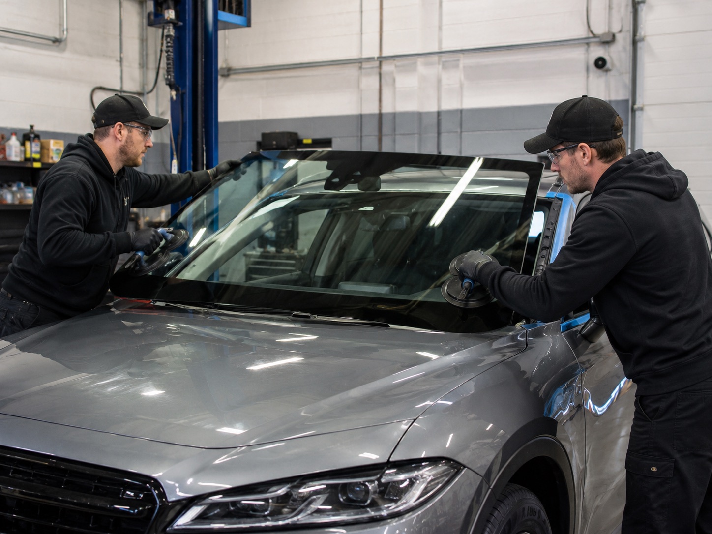 Auto glass technicians installing a windshield