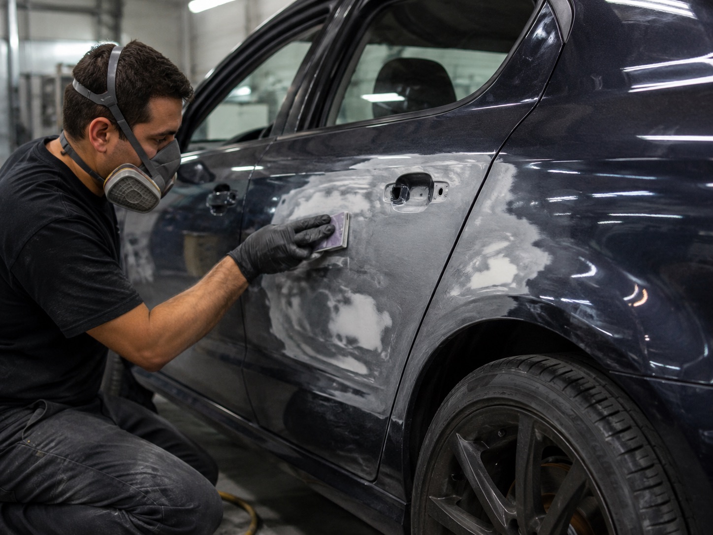 Body shop technician sanding a vehicle door