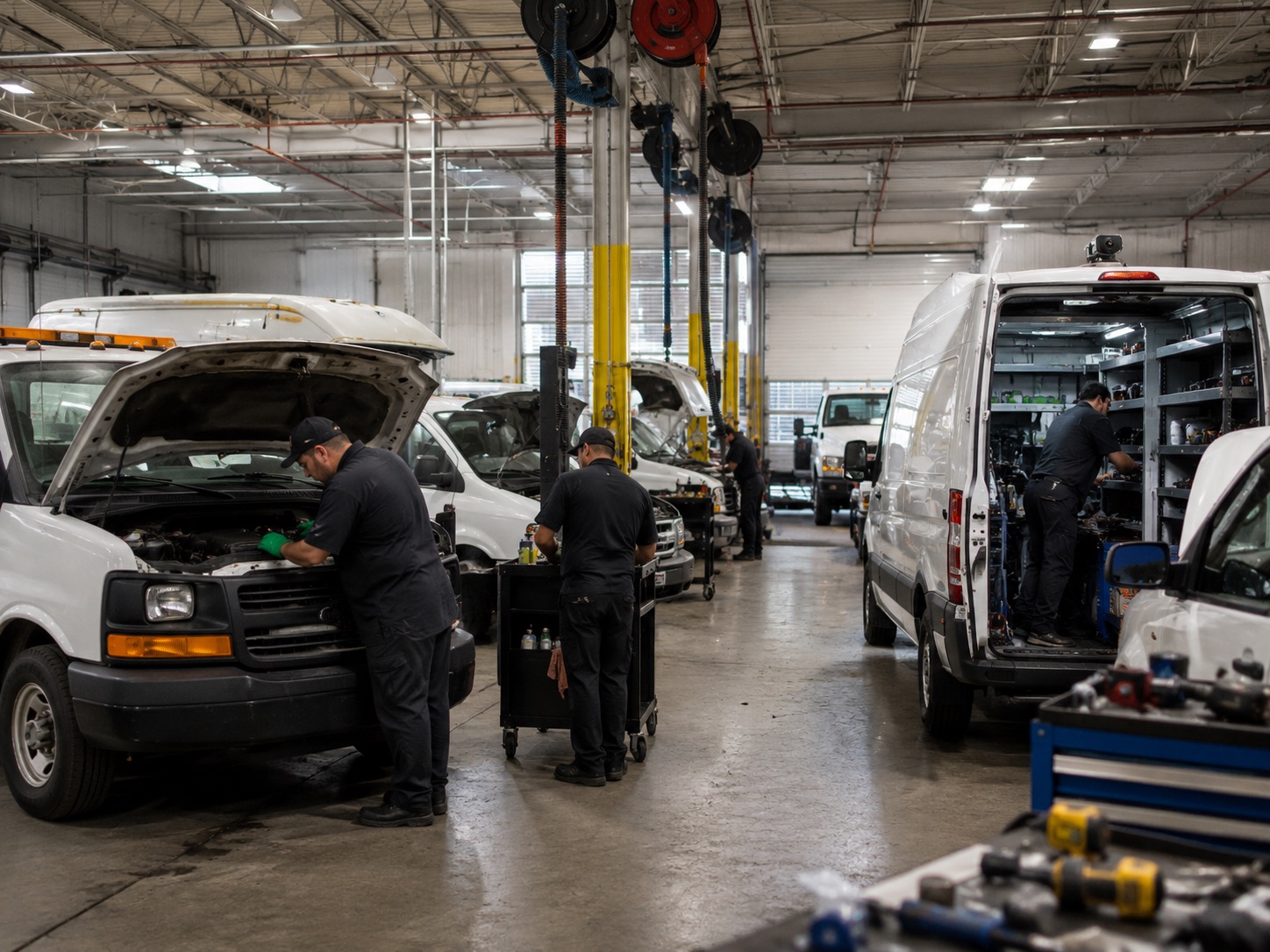 Fleet service shop with multiple vans being repaired