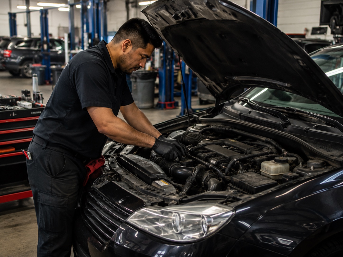 General service technician inspecting an engine bay