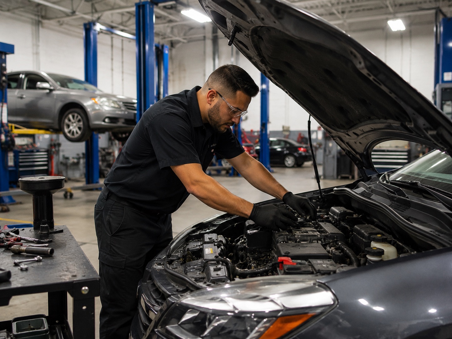 Mechanic working under the hood in a repair shop
