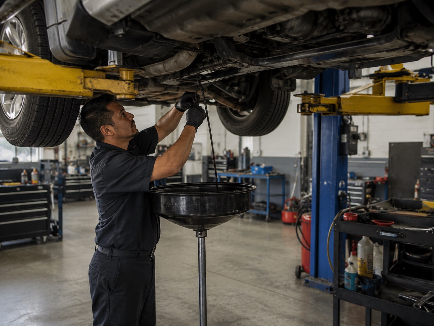 Technician draining oil from a lifted vehicle