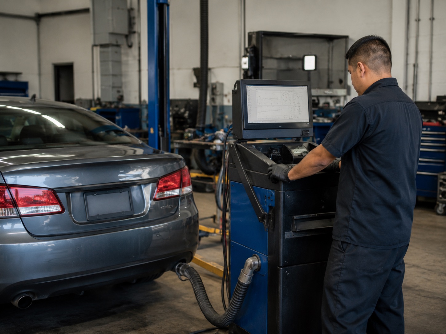 Smog technician running an emissions test on a vehicle