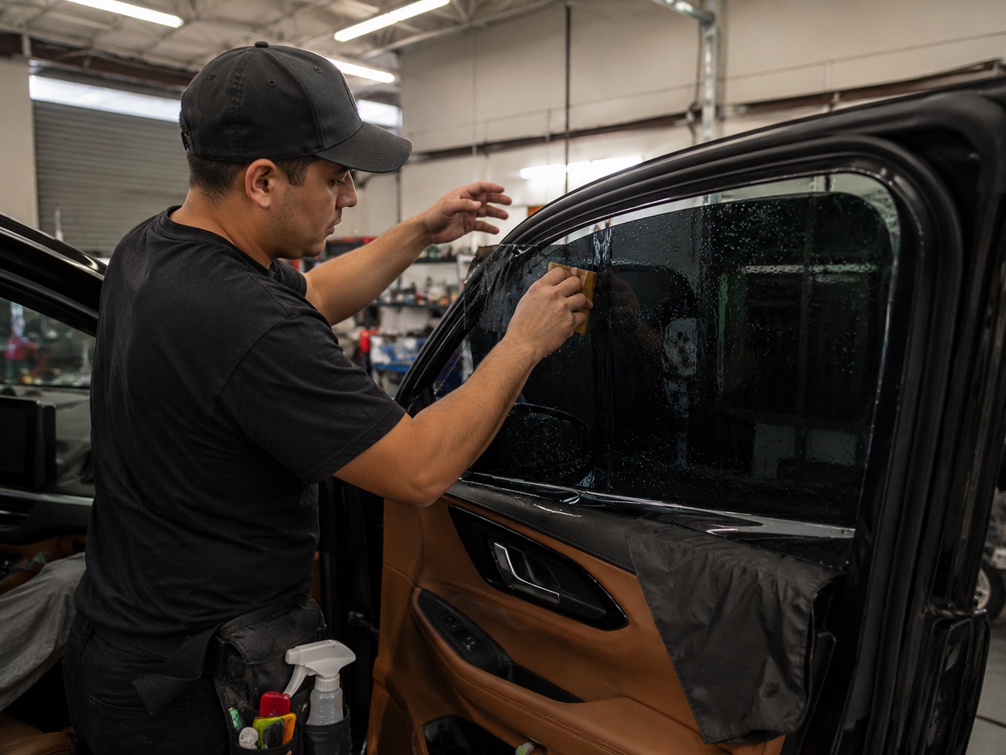 Technician applying window tint film inside a vehicle