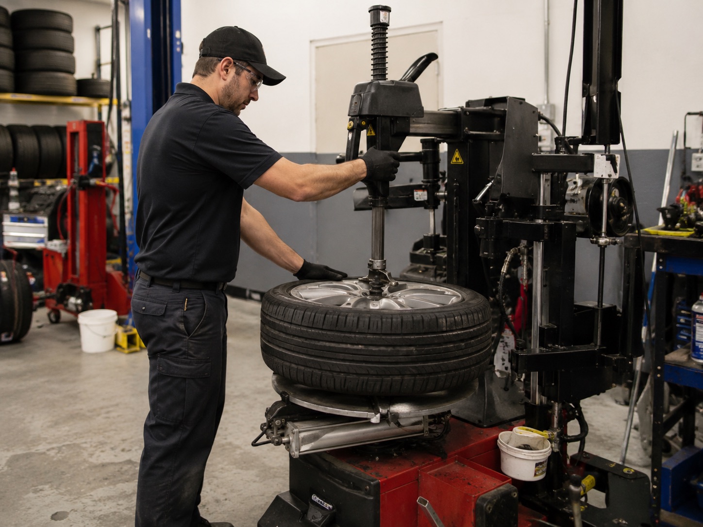 Technician mounting a tire in a tire shop