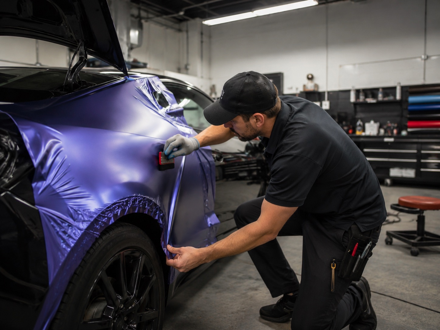 Technician applying vehicle wrap film to a car
